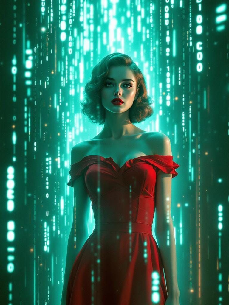 Cyberpunk Matrix Code Meets Impressionist Pin-Up