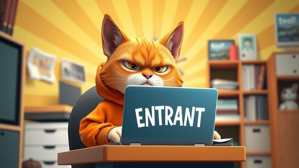 Grumpy Orange Cat Working from Home in 3D