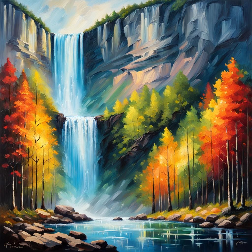 Iridescent Waterfall Speed Painting in Noir Style