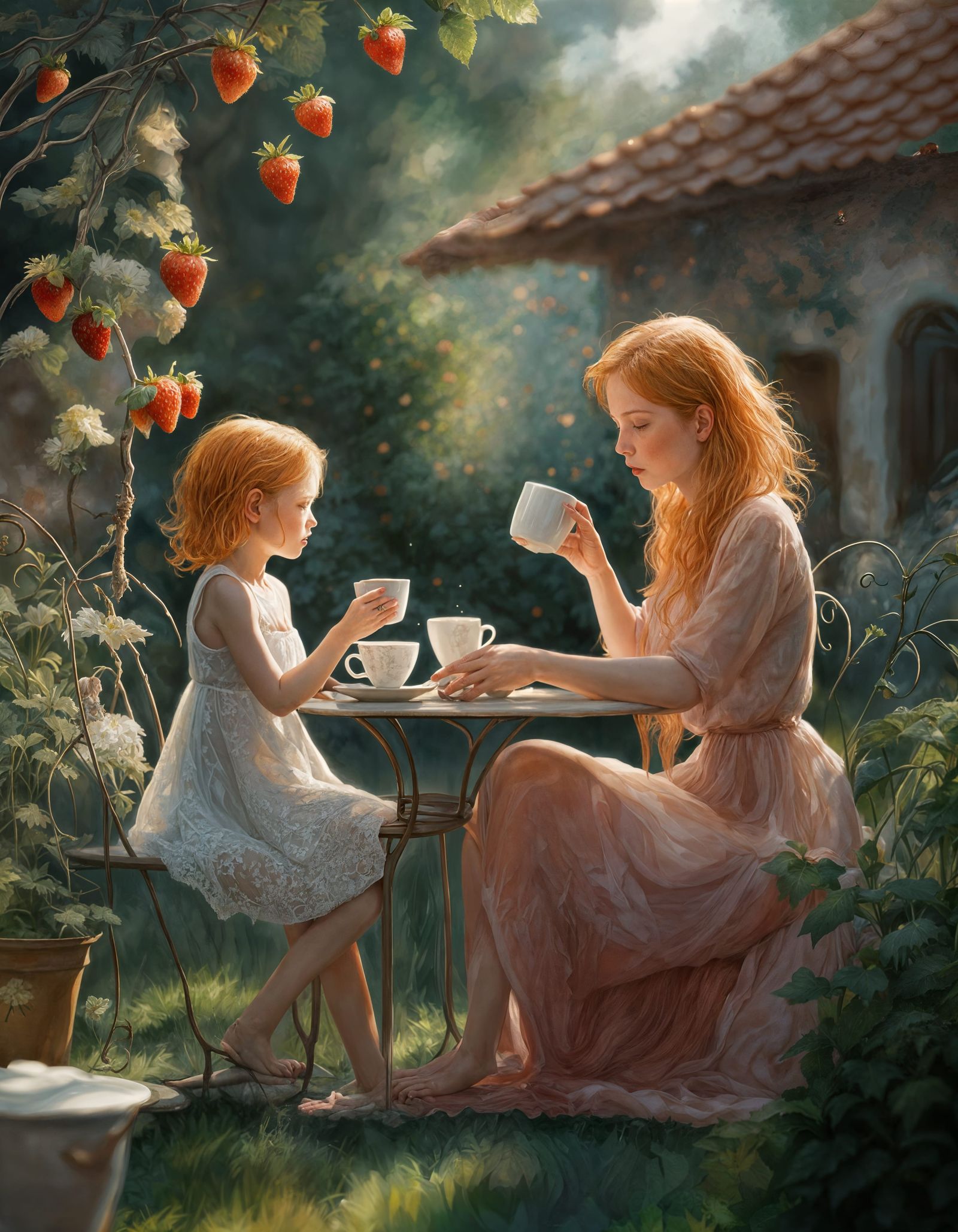 Mother and Daughter Share Intimate Moment in Serene Garden S...