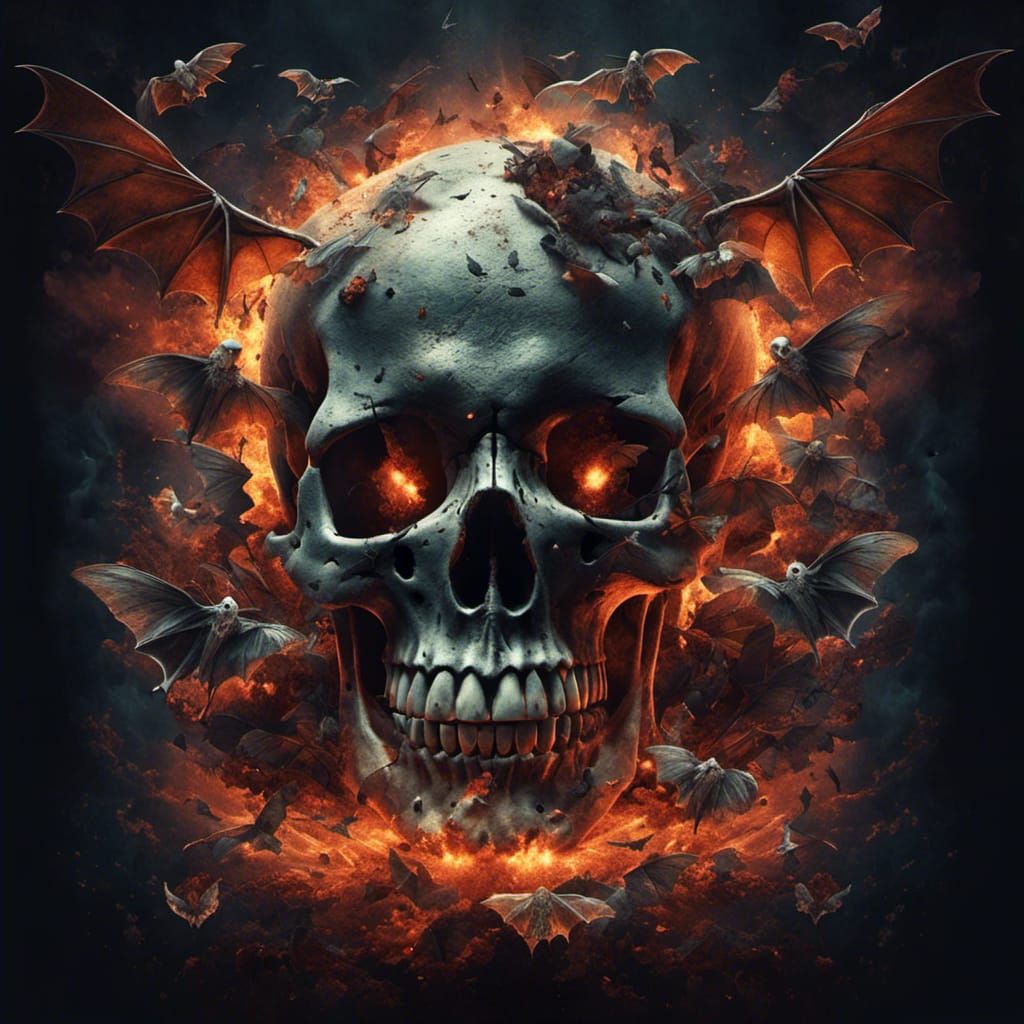 Exploding Skull with Evil Bats in Hyperreal Style