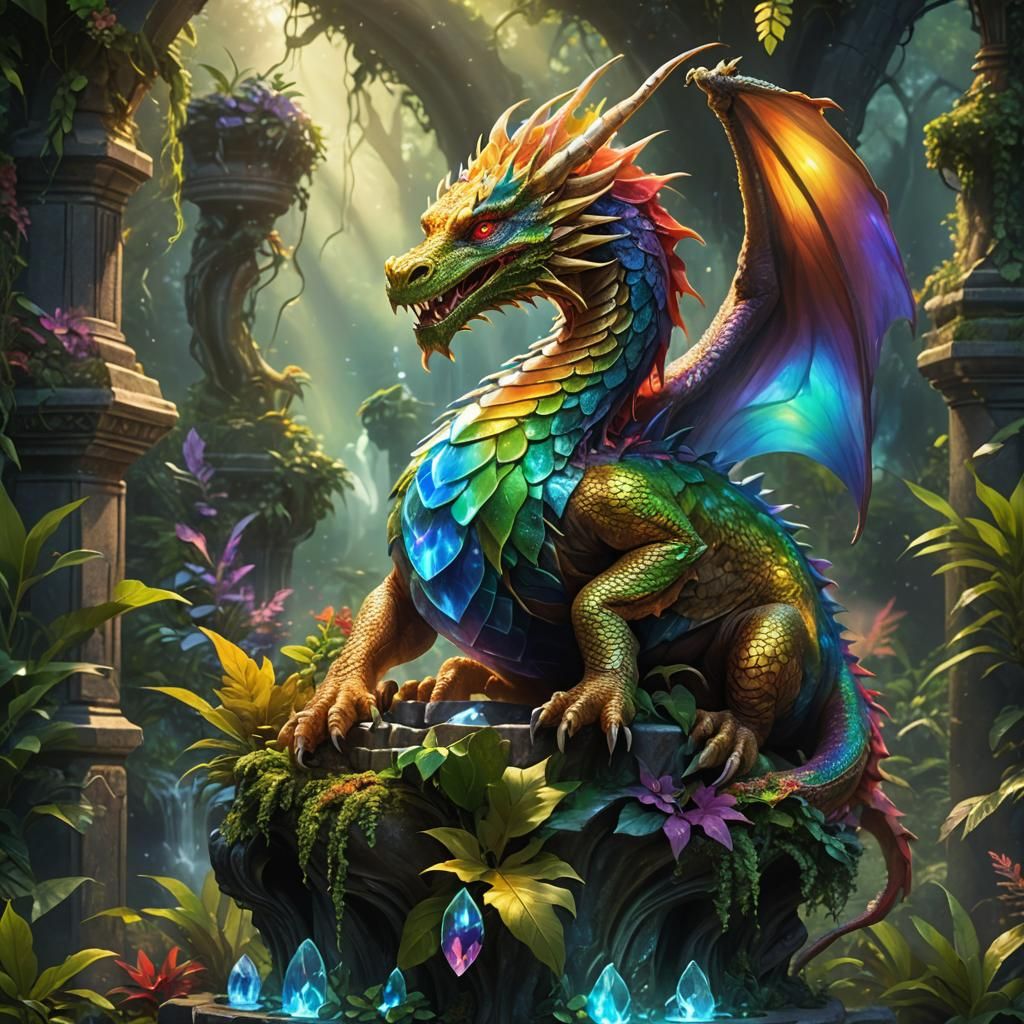 Rainbow Dragon on Crystal Pedestal: Fantasy Art