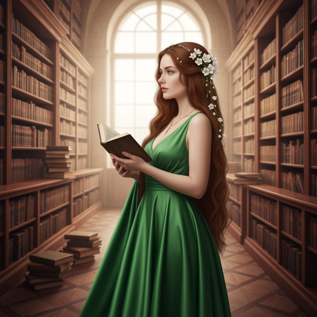 Elegant Woman in Library: Pre-Raphaelite Art Nouveau