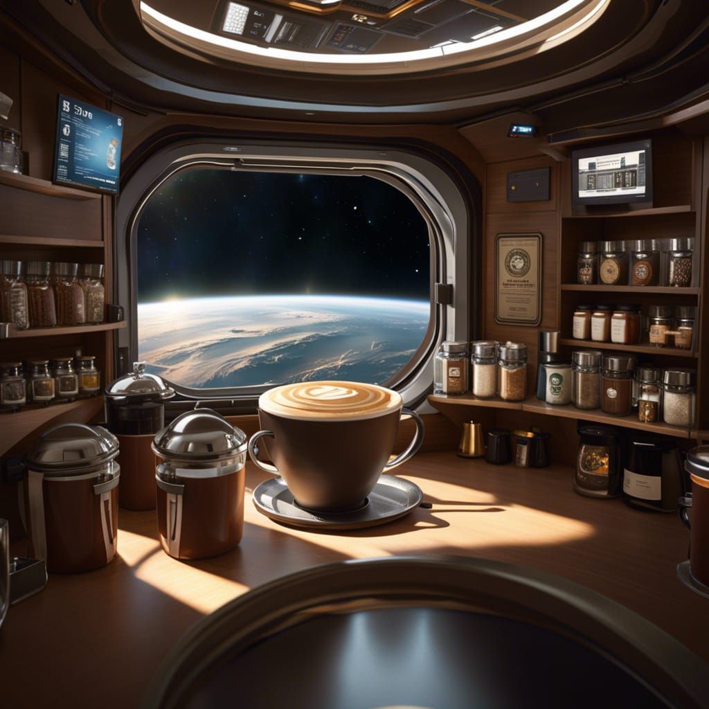 Coffee Shop in Space: Hyperrealistic Digital Art