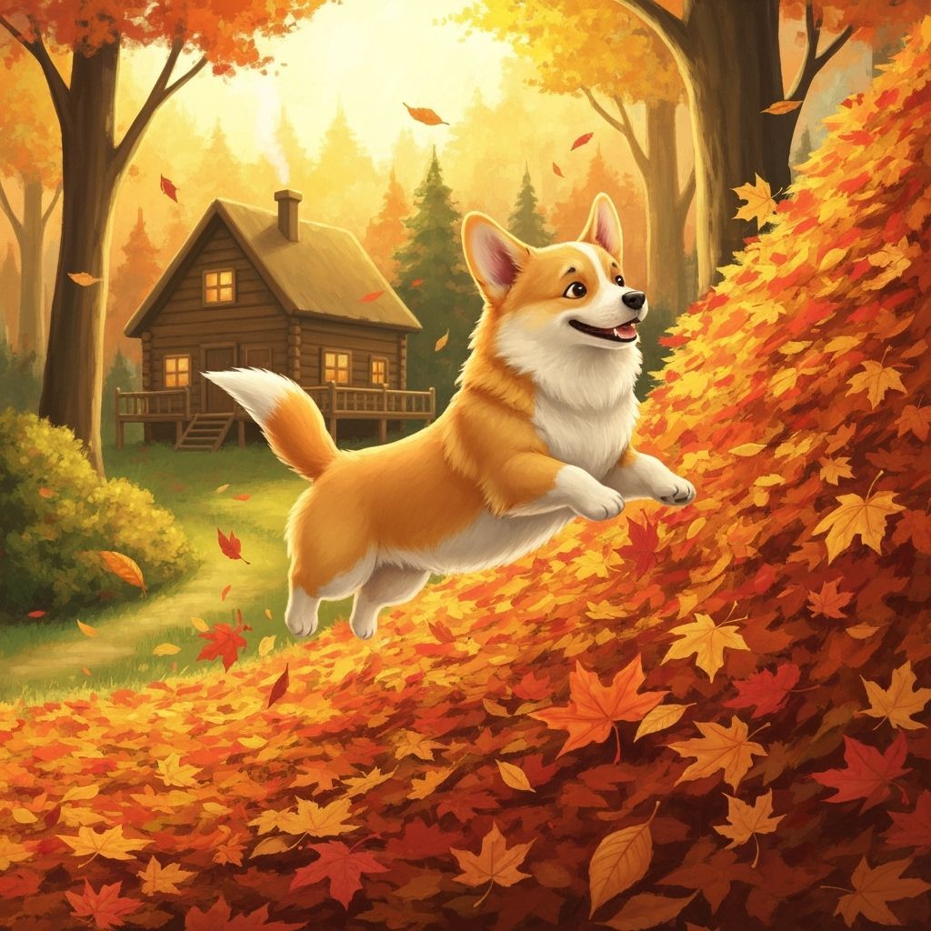 Fluffy Corgi Leaping in Autumn Leaves