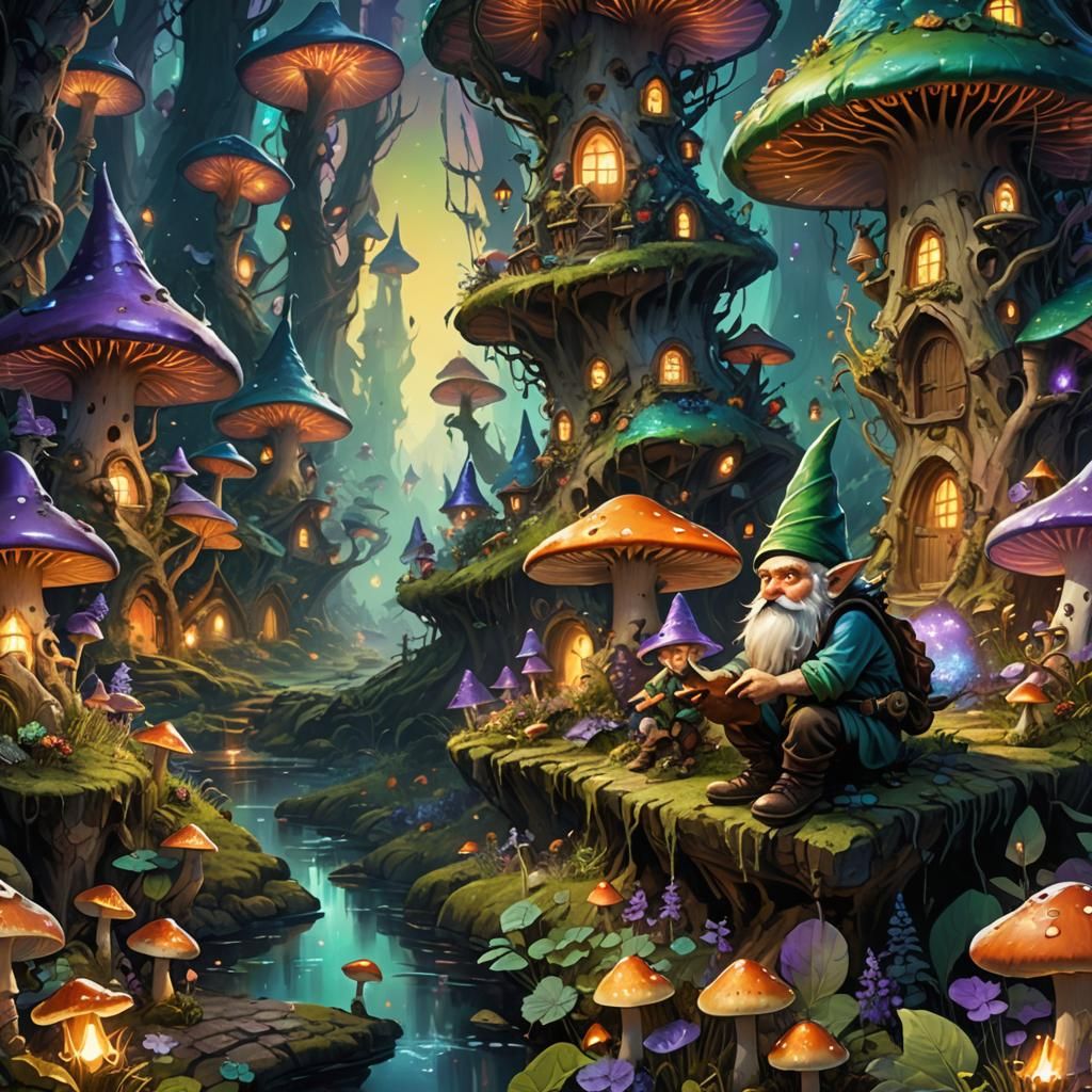 Gnomes in Mystical Mushroom Village: Fantasy Concept Art