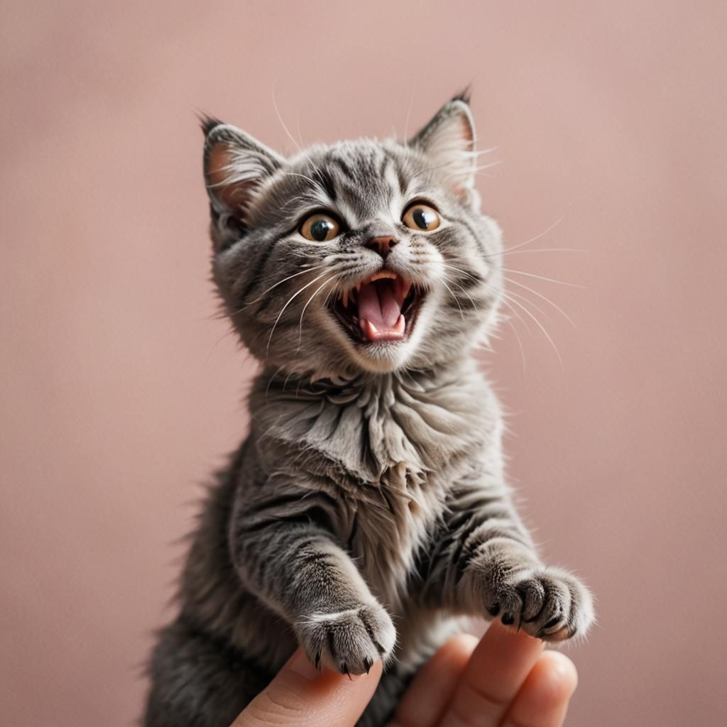 Miniature Cat Yawning on a Human Thumb