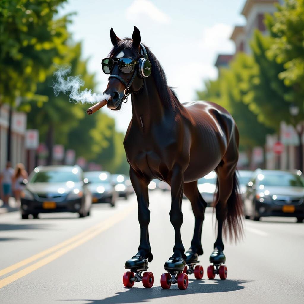 Black Stallion Horse Rides Roller Skates Wearing Headphones