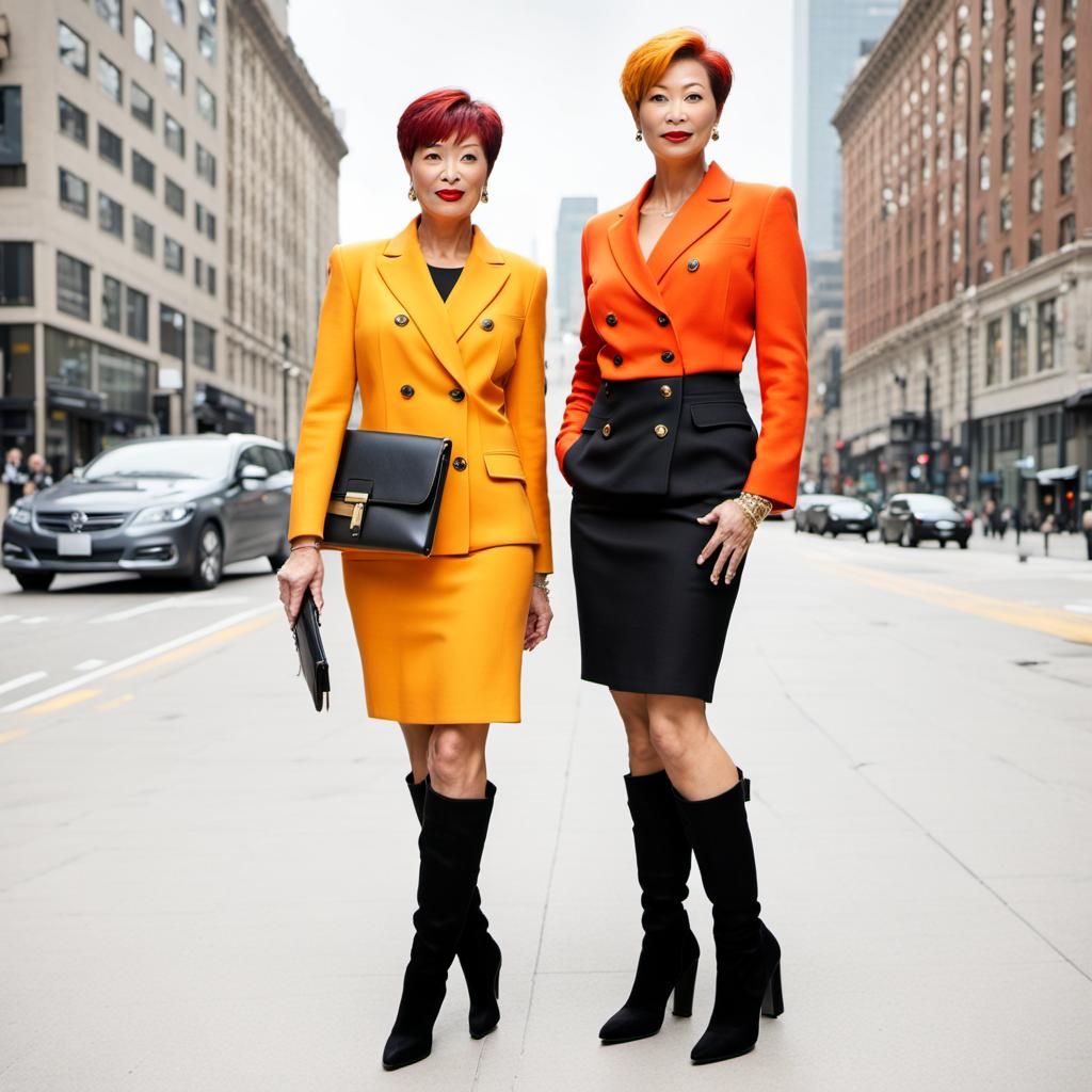 Bold Businesswomen in Orange Suits and Boots