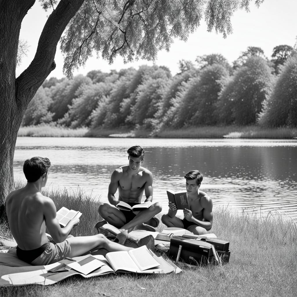 Vintage Line Drawing of Boys in Summer, 1944