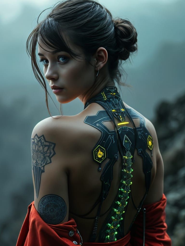 Cyberpunk Goddess with Exposed Spine and Electronic Circuits