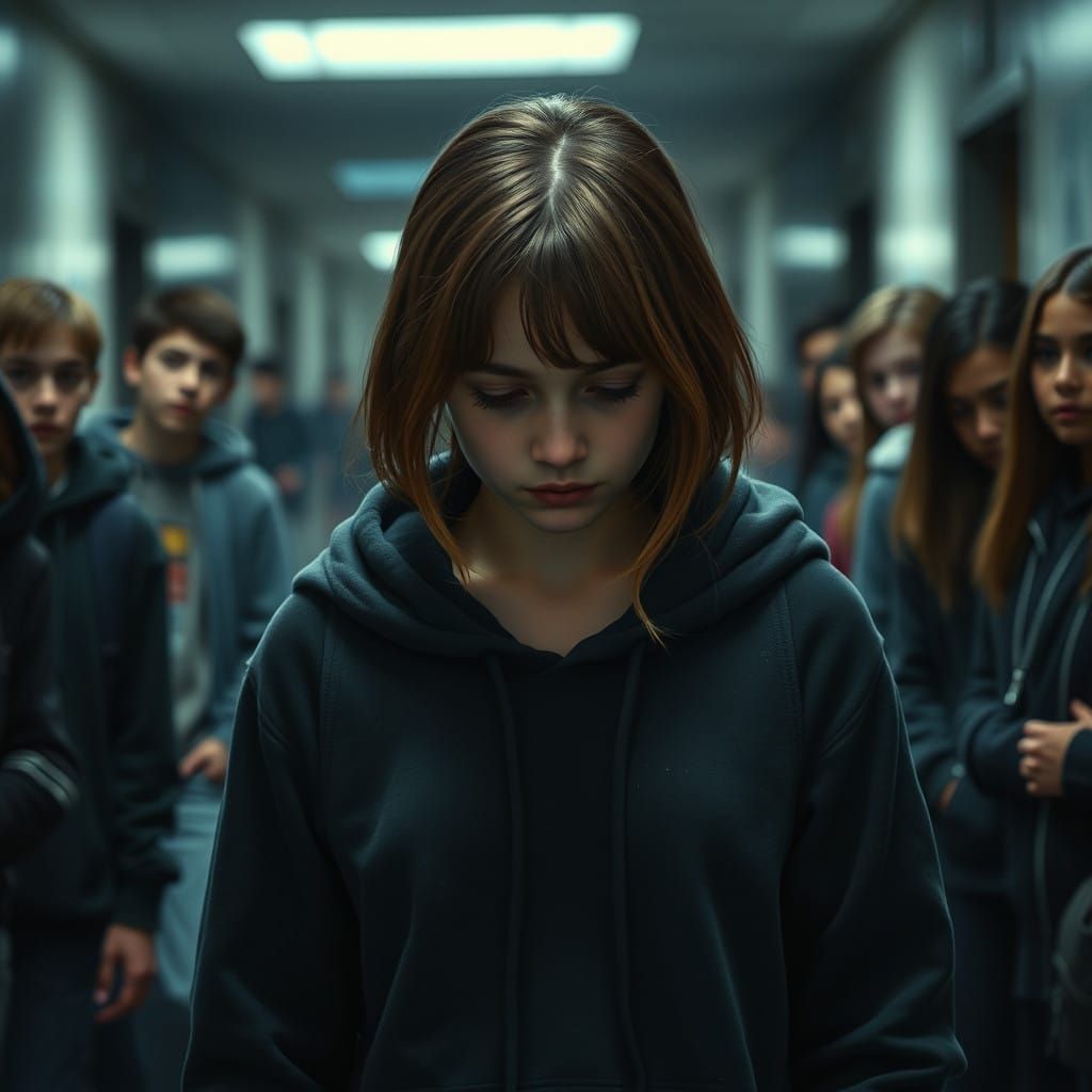 Sad Girl in Middle School Hallway, Surrounded by Unkind Peer...