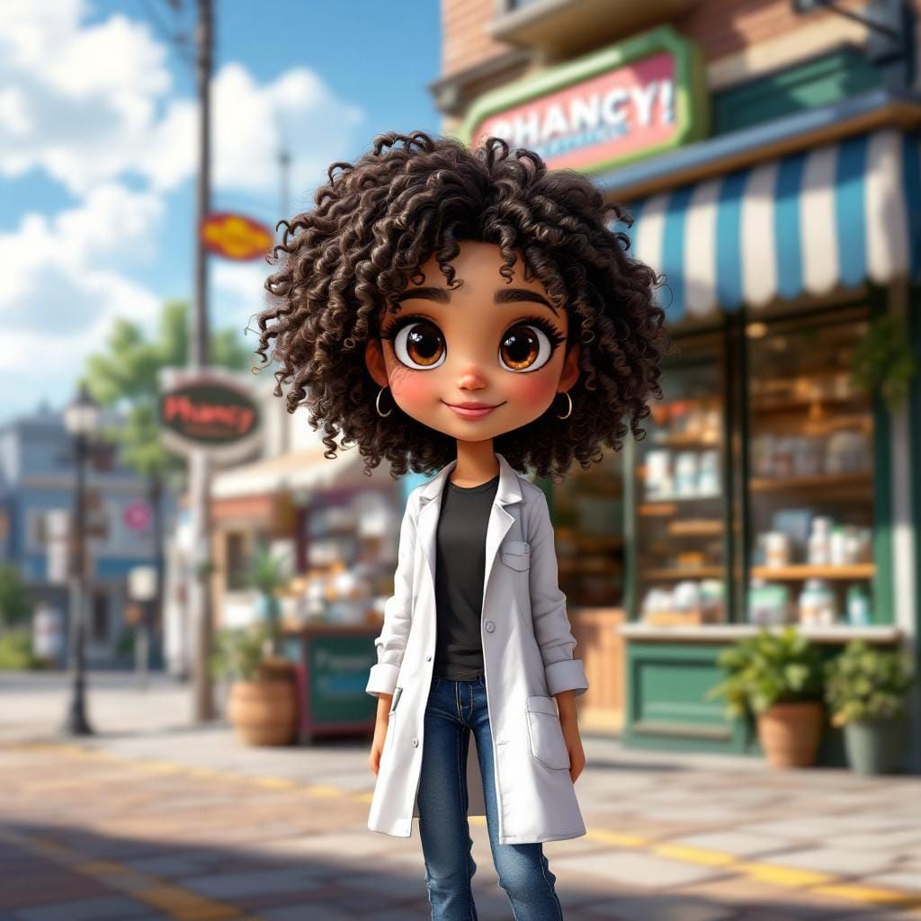 Chibi Woman at Phancy Pharmacy, Oil Realism Style