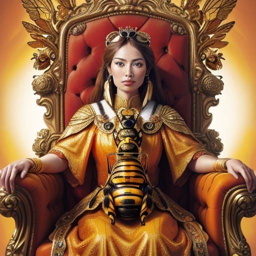 Honey Bee Goddess on Throne: Hyper-Realistic Oil Painting