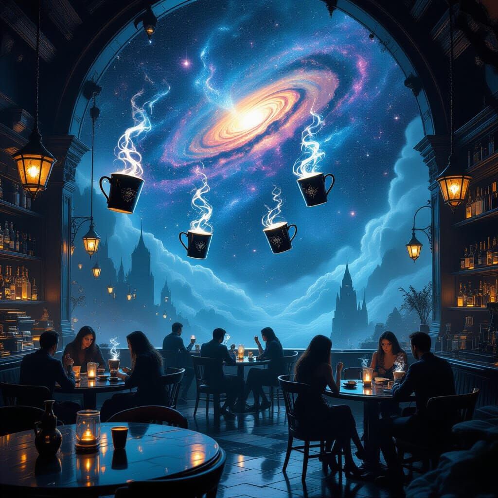 Ethereal Cafe with Floating Mugs Under Cosmic Sky