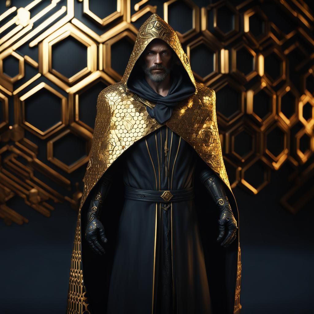 Hero in Cloak Wielding Hexagon Magic, Detailed Fantasy Art