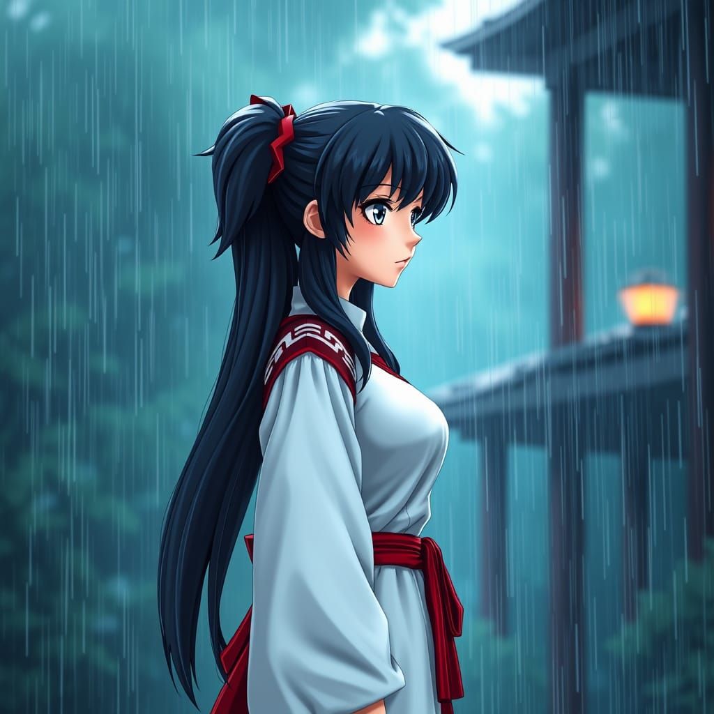 Mysterious Anime Heroine Caught in a Rainy Moment