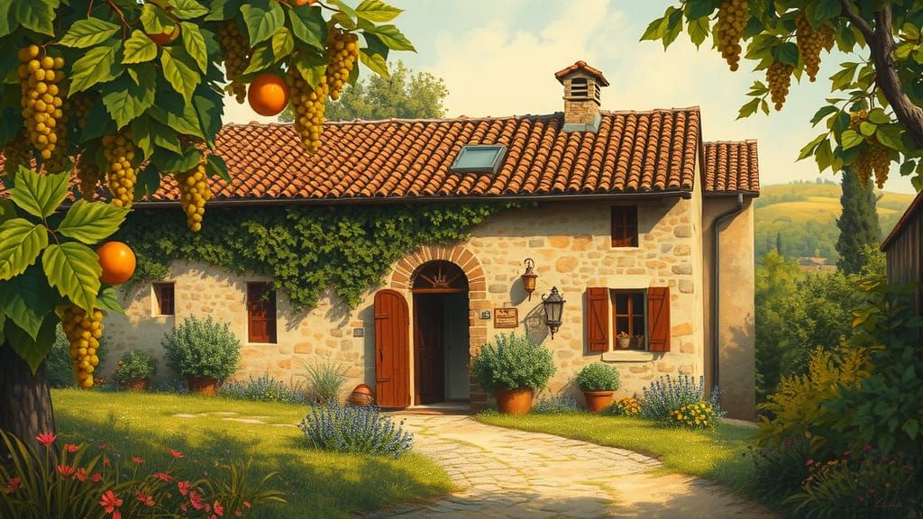 Rustic Vineyard Cottage in Warm, Golden Light