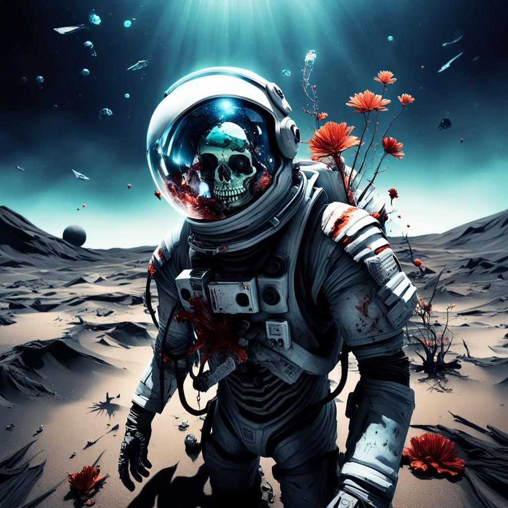 Dead Astronaut on Desolate Planet in Dark Fantasy Style