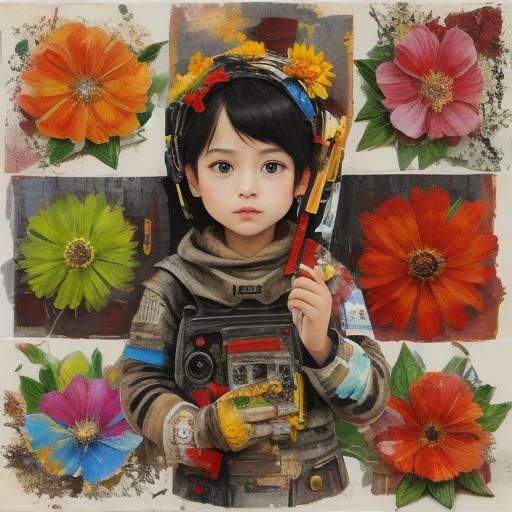 Child Offers Flower to Scrap Robot in Mixed Media Art