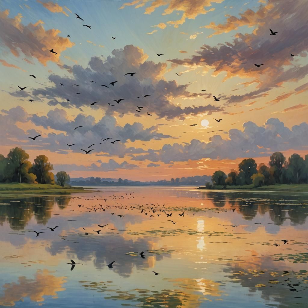 Birds in Flight at Sunset: Impressionist Painting