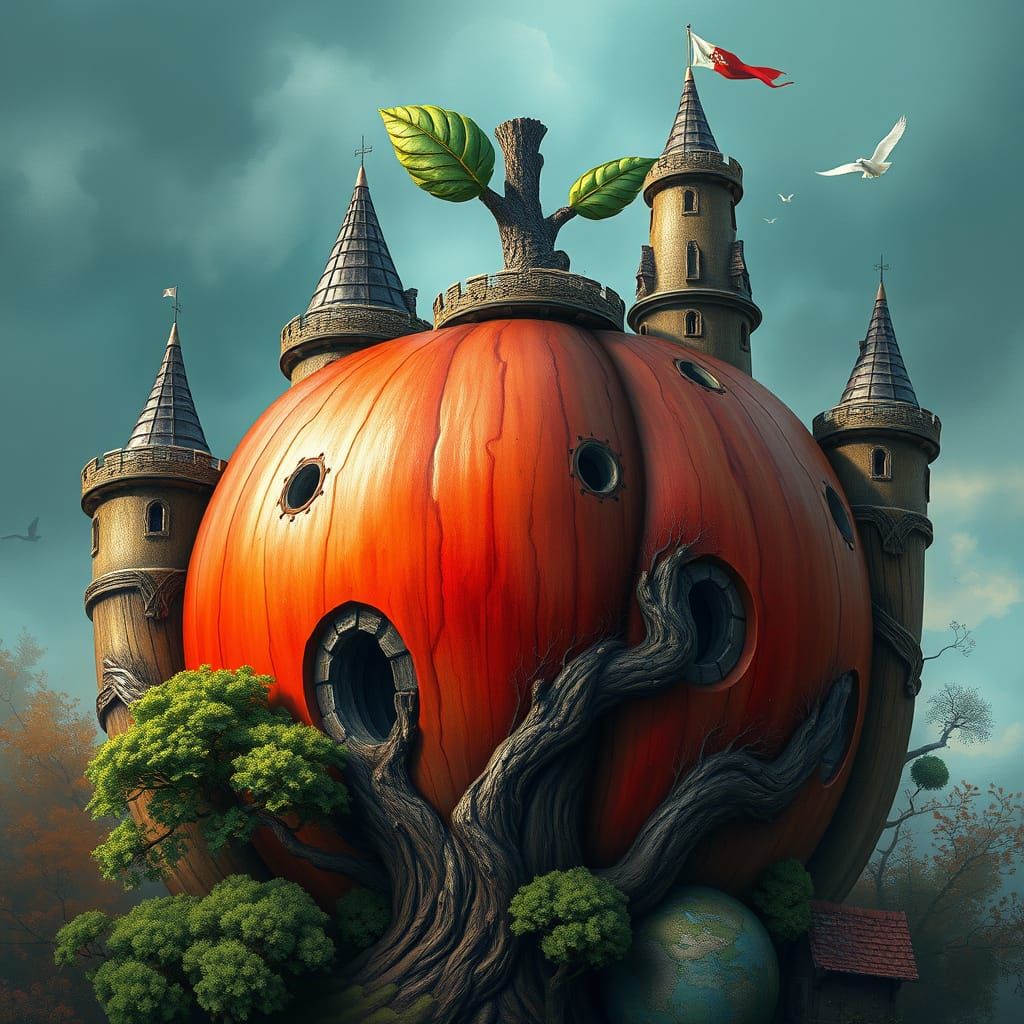 Realistic oil painting. An apple-shaped castle with tree-trunk towers. There are loopholes and battlements.. intricate d...