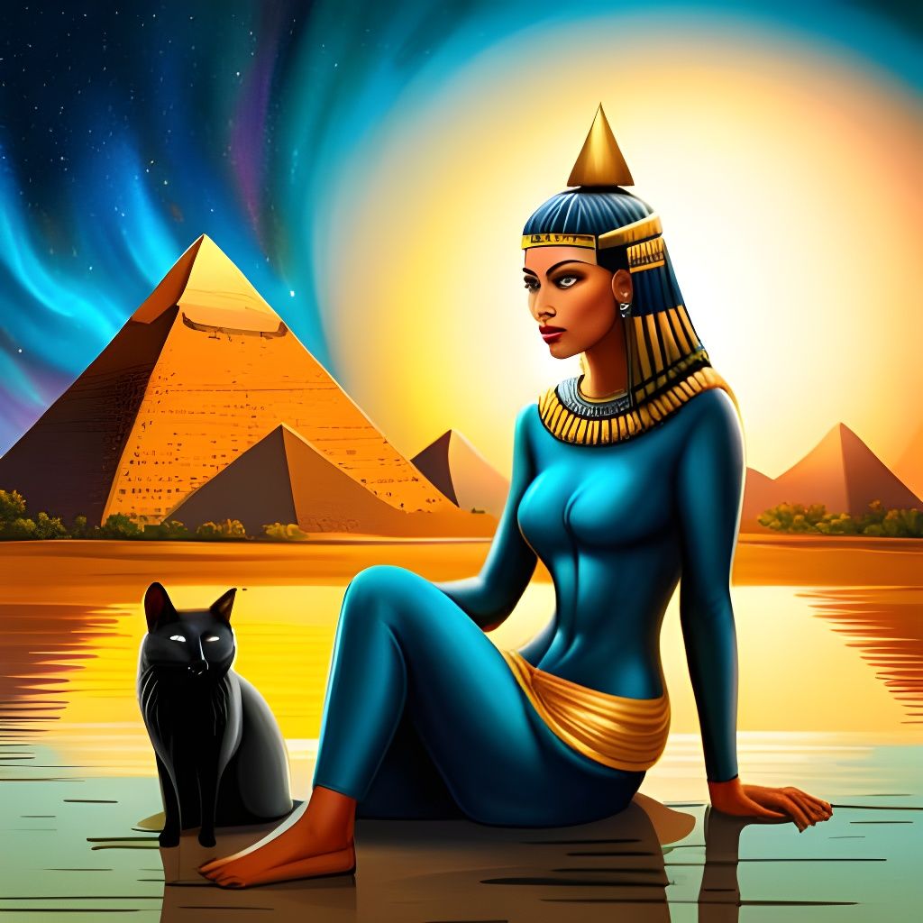 Cleopatra with Black Cat at Sunset, Egyptian Art
