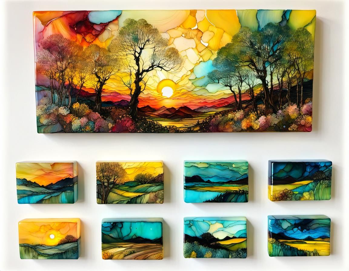 Encaustic Spring Landscape Sunset in Van Gogh Style