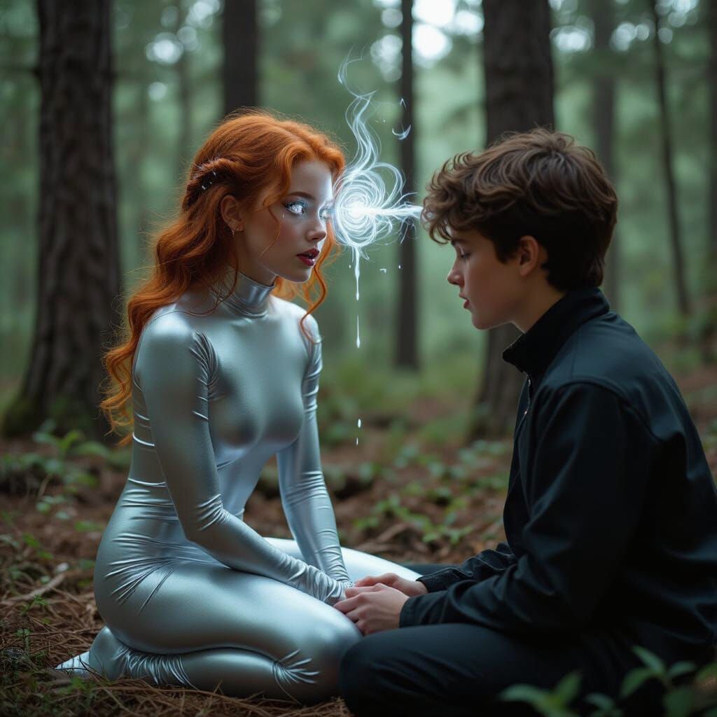 Girl Hypnotized by Silver Energy in Forest, Cinematic Style