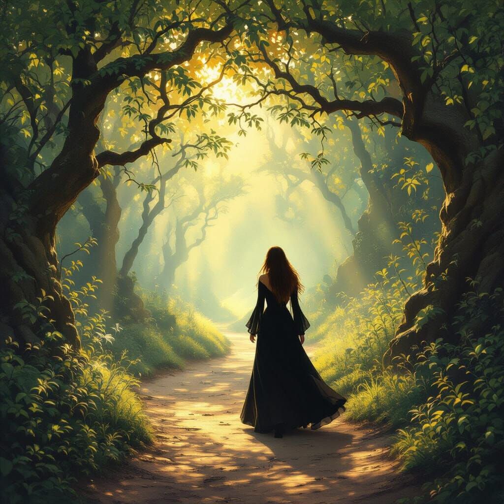 Ethereal Forest Path with Woman in Black Dress