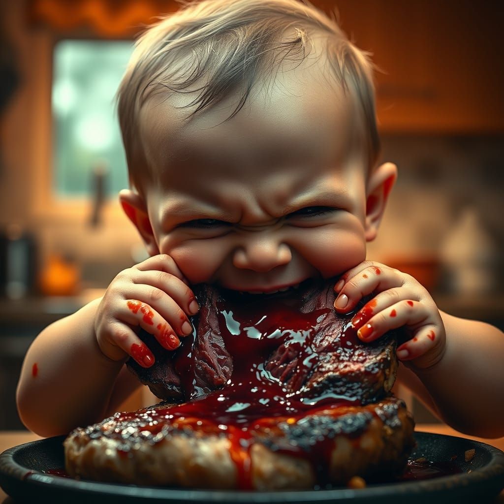 Darkly Lit Steak Feast with Joyful Baby