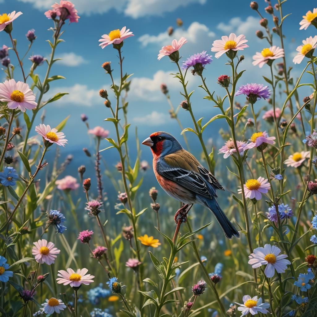 Finch in Dreamlike Flower Field Landscape