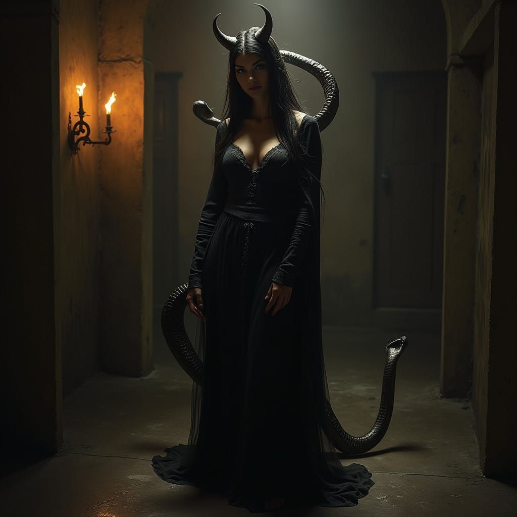 Mysterious Goddess of Shadows, Adorned with Horns and Serpen...