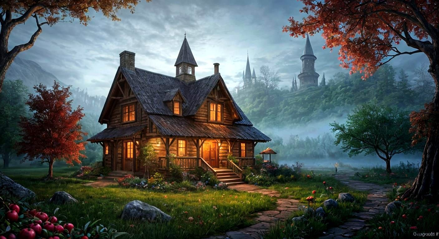 Enchanted Orchard with Ruby Apples and Mystical Mist