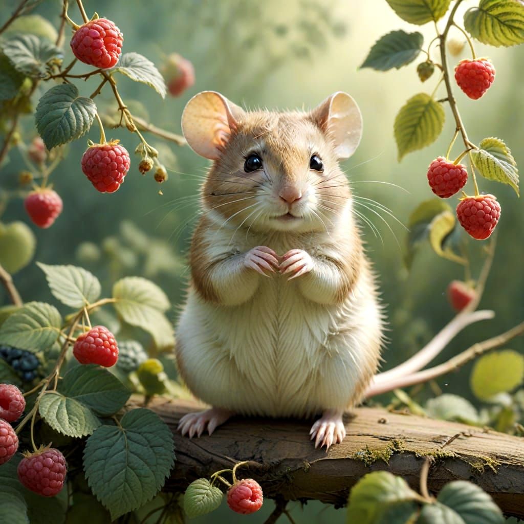 Whimsical Woodland Mouse Savoring Summer Fruits in Serene La...