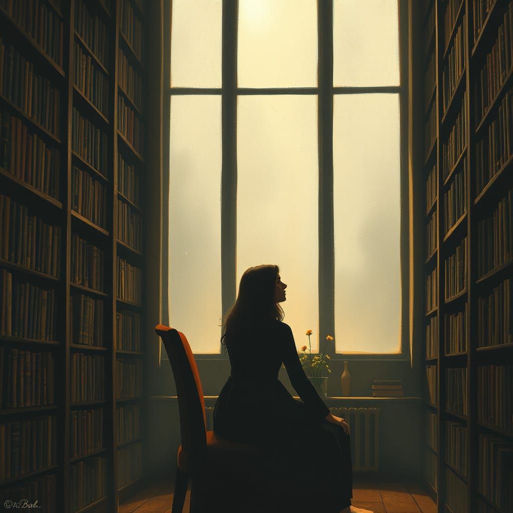 Meditative Woman Lost in Library Reflections