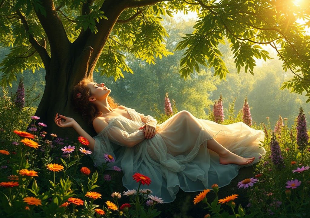 Nymph in Garden: Pre-Raphaelite Digital Art