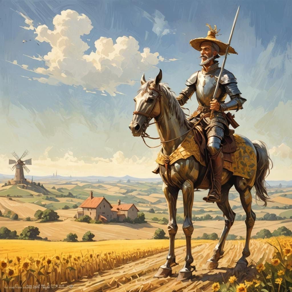 Don Quixote Knight and Windmill in Comic Style