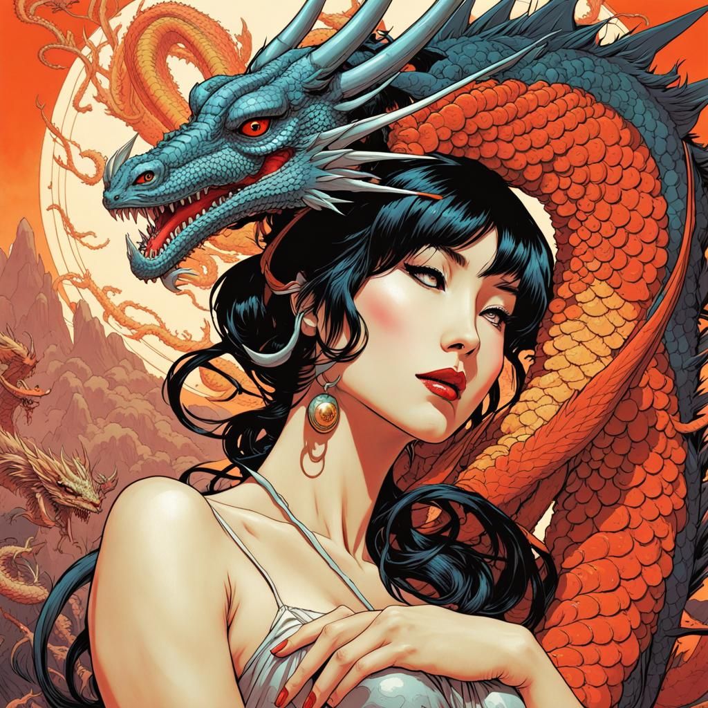 Japanese Pin-Up Girl with Dragon in Art Nouveau Style