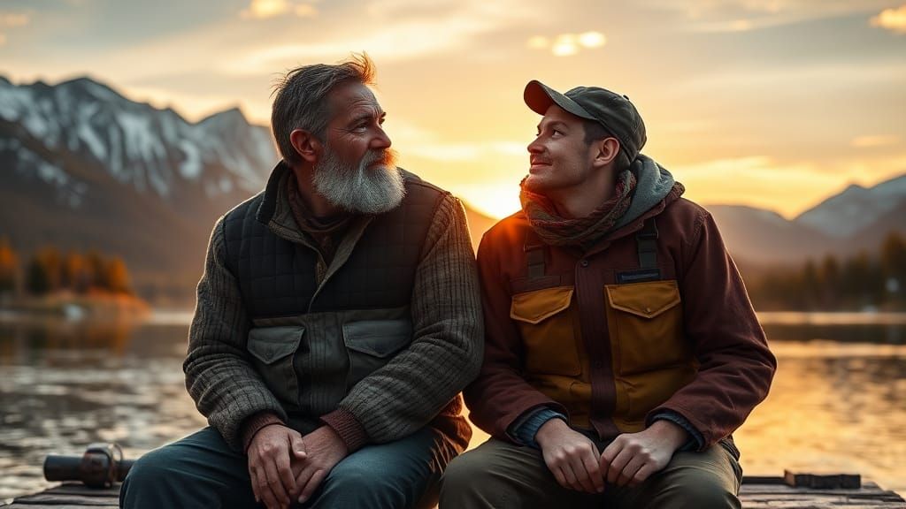 Father and Son Fishing at Sunrise: Art Nouveau Style