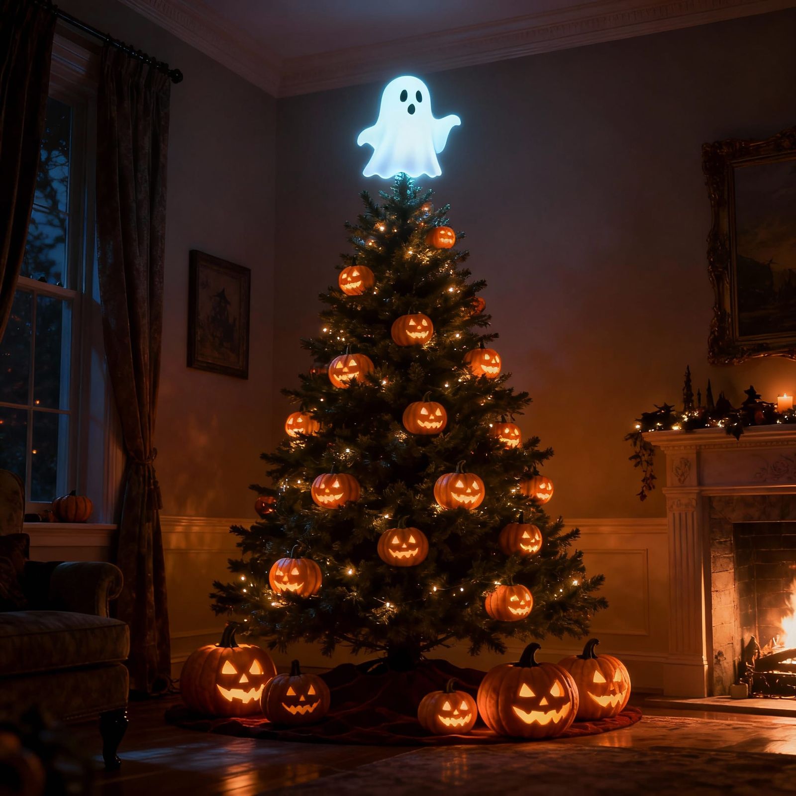 Cozy Dark Fantasy Christmas Tree with Ghost