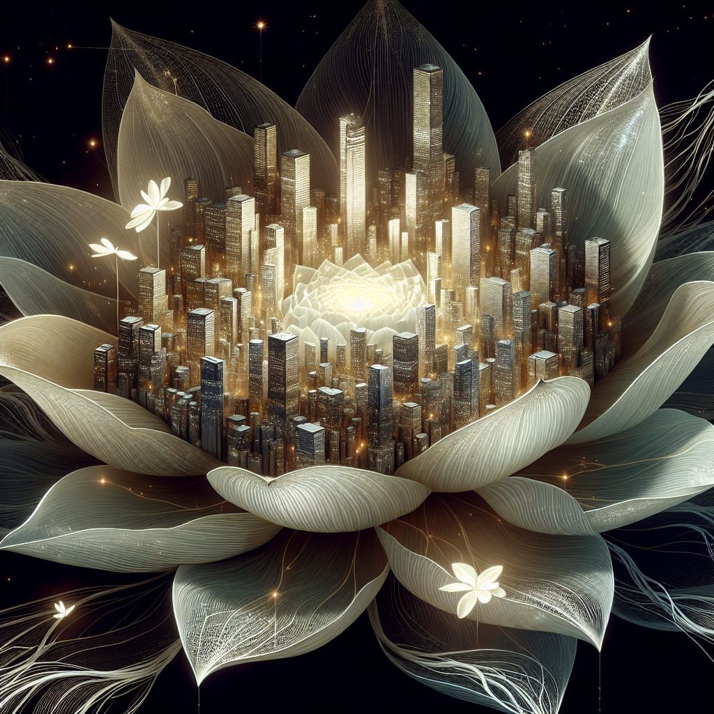 Ghostly Golden Lotus City Floating in Starry Darkness