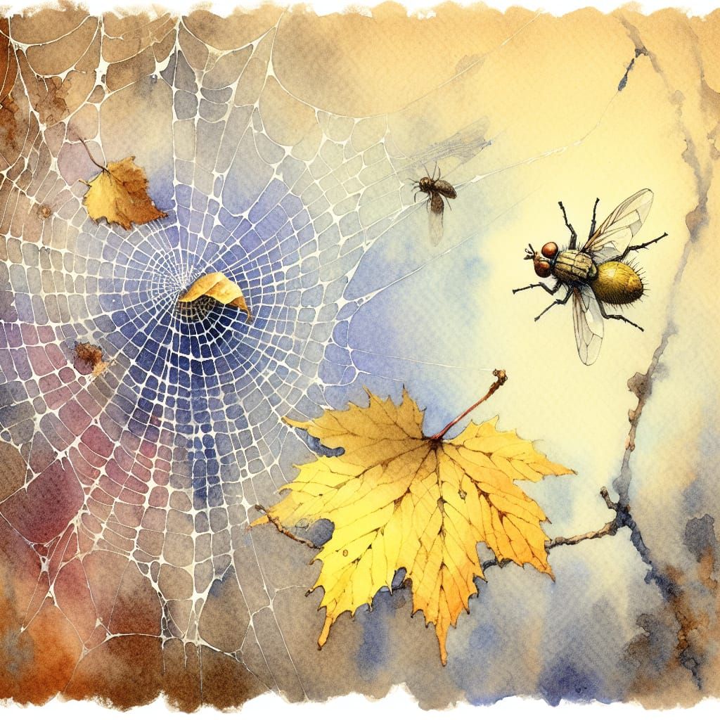 Fly in Spiderweb: Impressionist Watercolor Autumn Scene