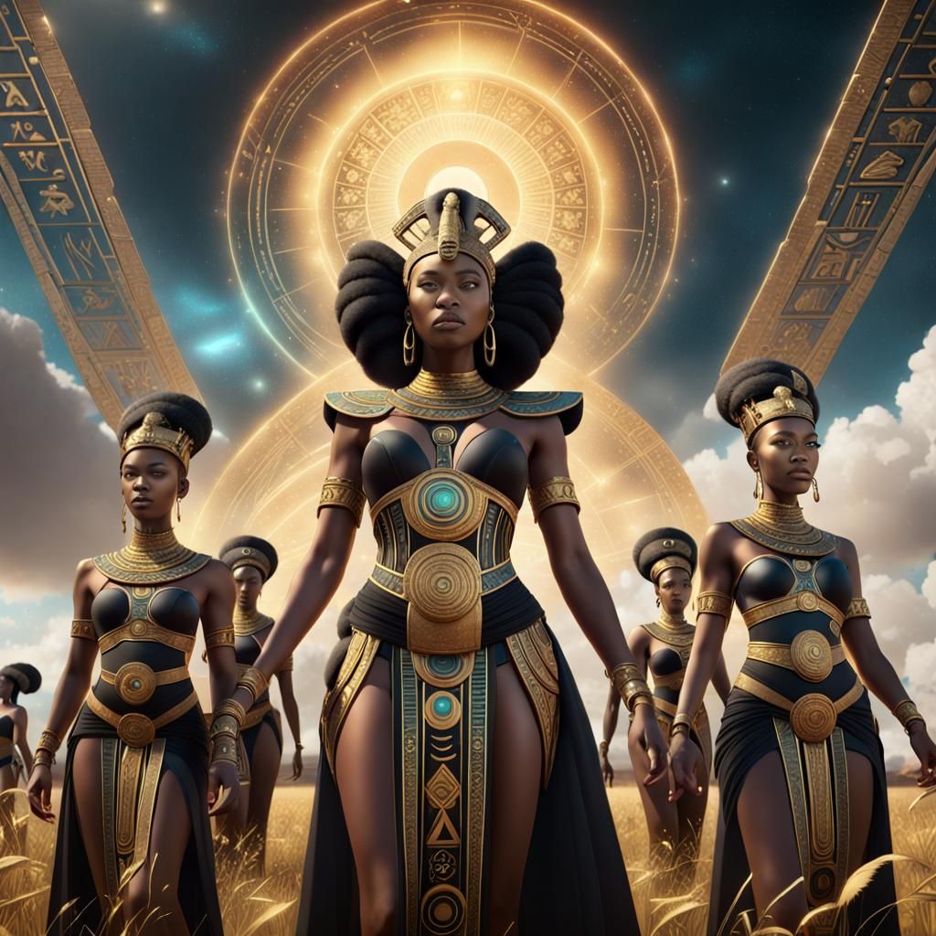 Giant Empresses Under Glowing Sky, Detailed Matte Painting