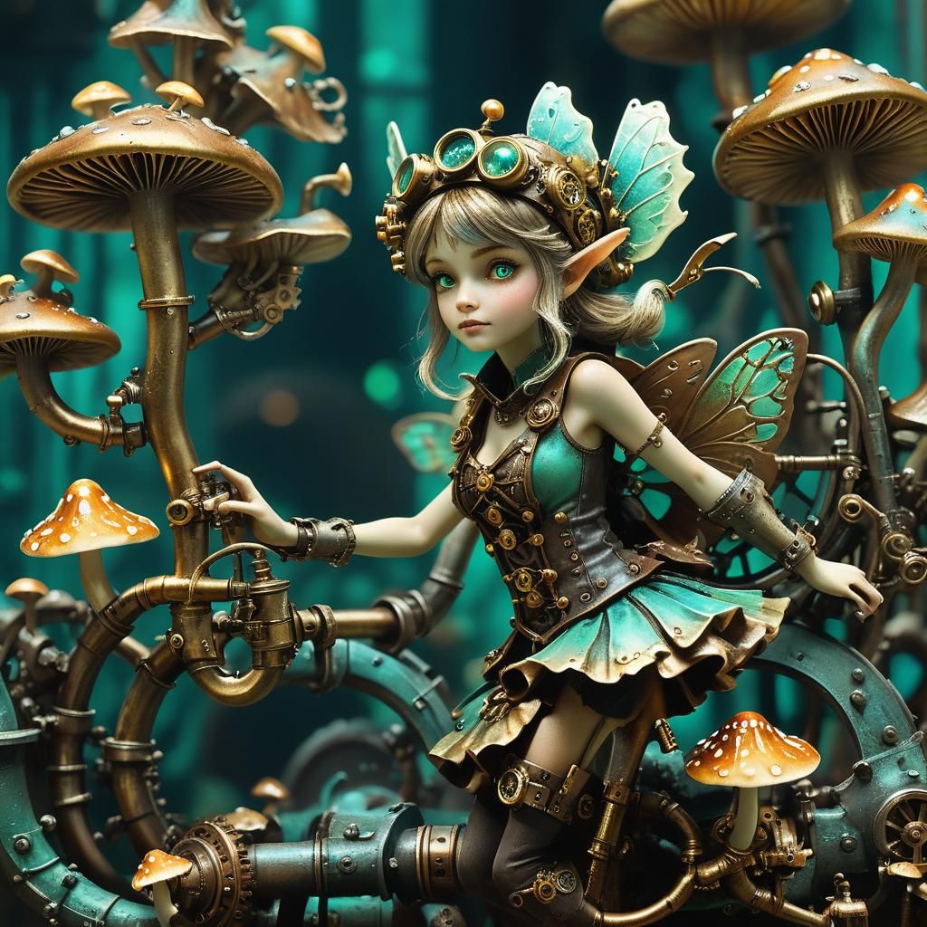 Steampunk Fairy Connects Brass Pipes Among Glowing Mushrooms