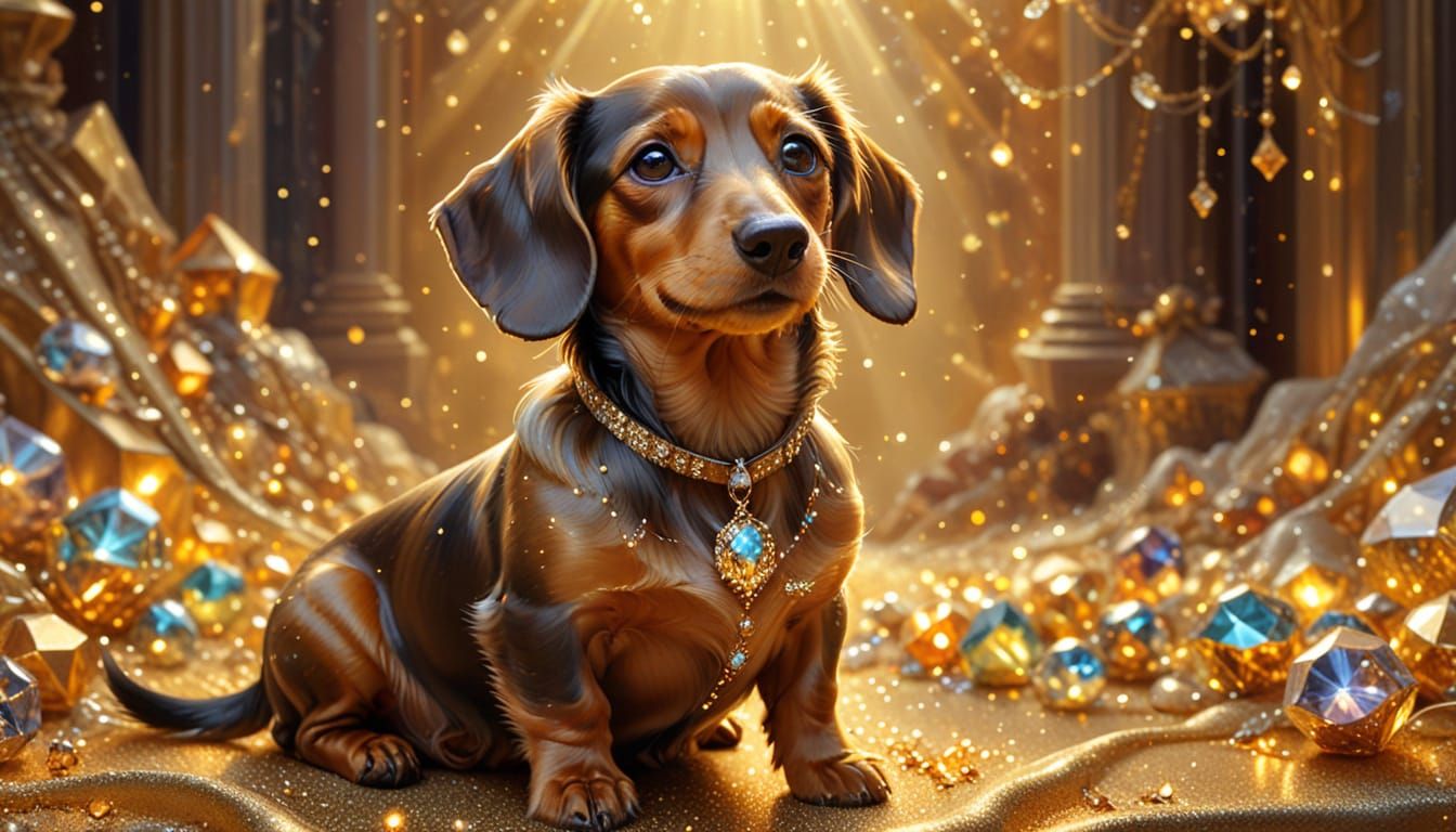 Happy Dachshund with Fractal Gems in Golden Light