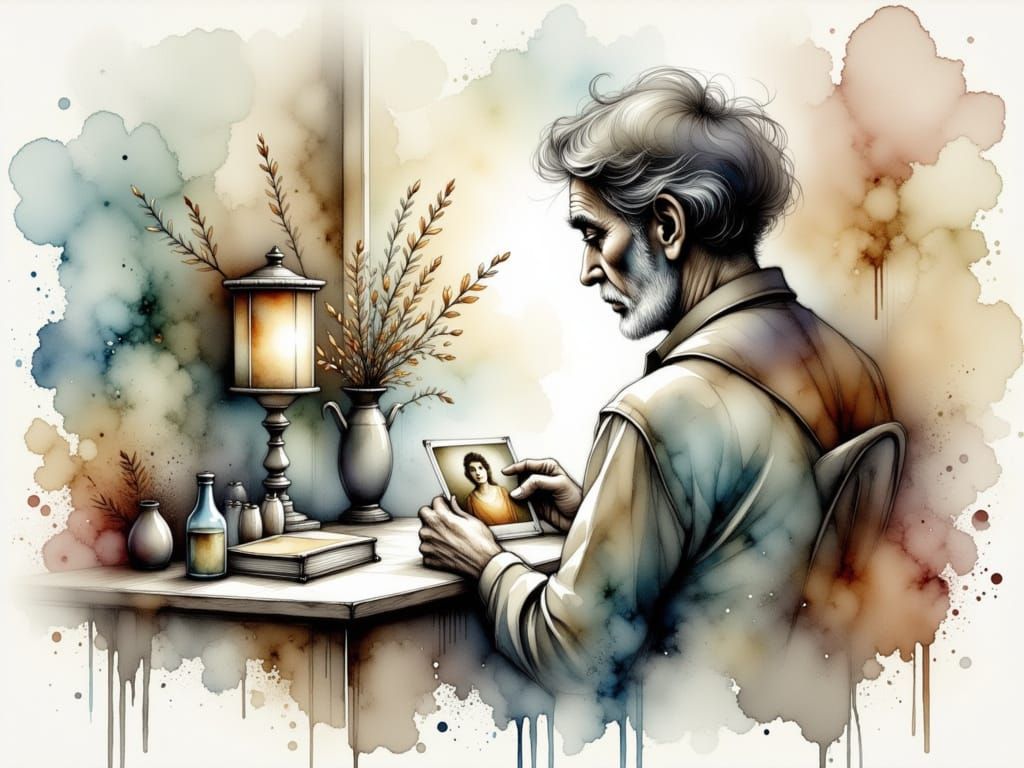 Elderly Man Cherishes Memory of Wife in Watercolor