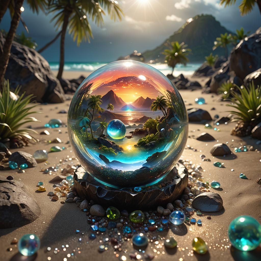 Tropical Landscape Inside Lensball: Hyperrealistic CGI Art