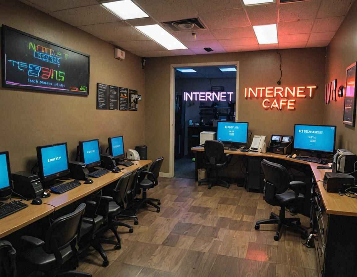 Internet Cafe with Neon Sign and Coffee