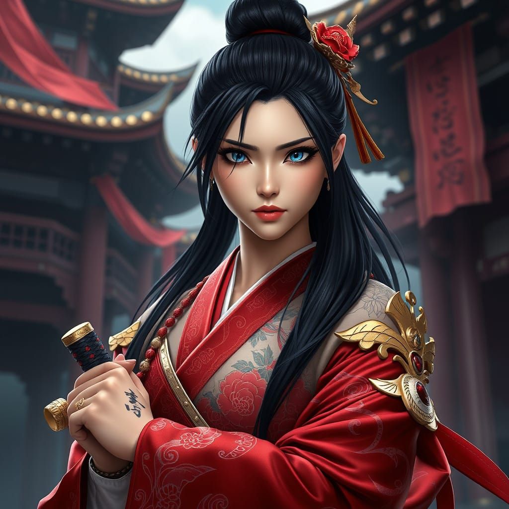 Epic Japanese Warrior in Traditional Kimono with Intricate T...